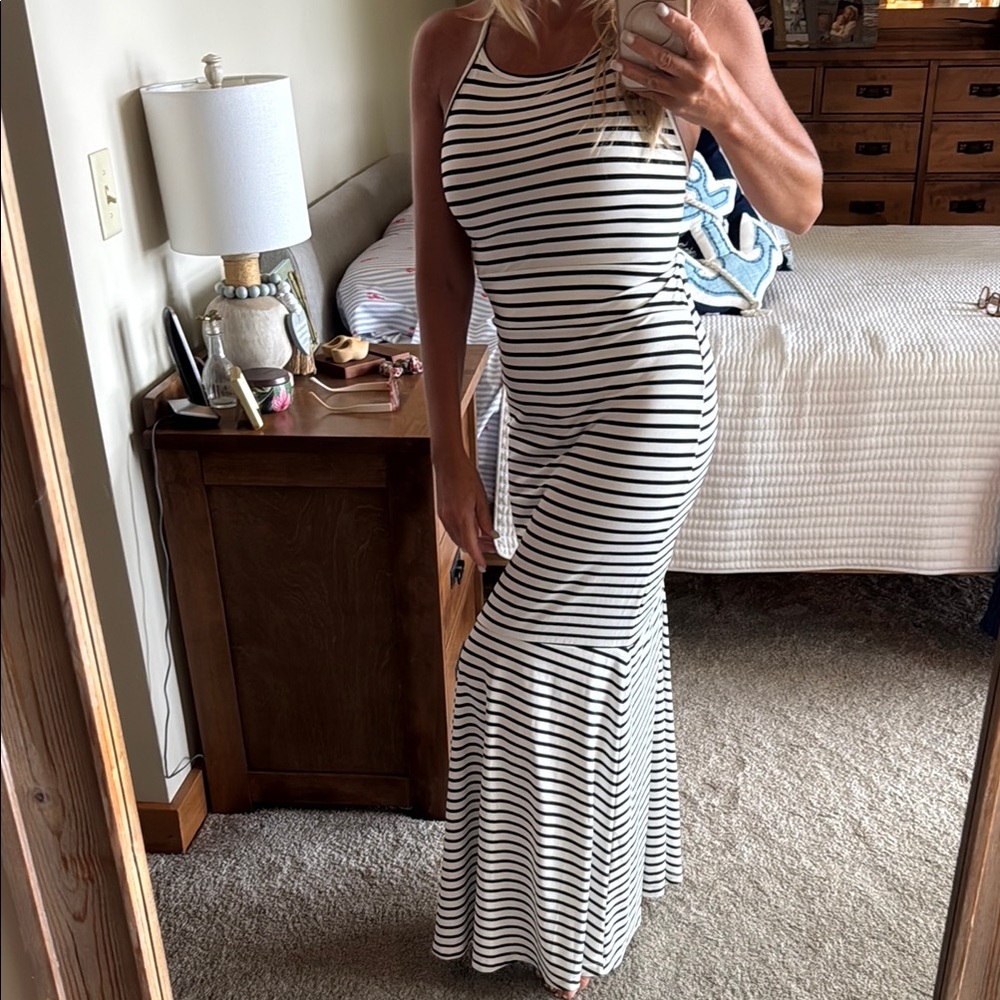Striped Black & White Halter Maxi Dress
